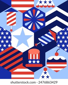USA abstract geometric seamless pattern. Hexagon color block holiday party background with American flag and symbols. Vector fashion print, banner, poster, greeting card design