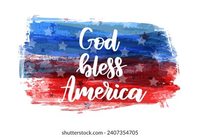 USA abstract grunge painted flag horizontal banner. God bless America - handwritten lettering calligraphy. Template for United States of America national holiday banner