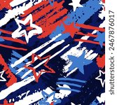 USA abstract watercolor flag seamless pattern. American national holiday trendy background. Vector hand drawn stars stripes illustration. Fashion textile print, fabric or wrapping paper design