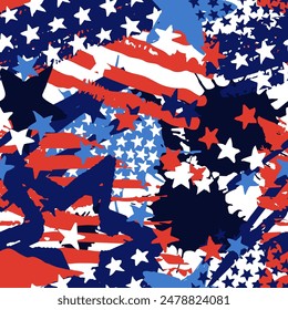 USA abstract watercolor seamless pattern. American flag colors and elements trendy background. Vector hand drawn illustration. Fashion textile print, fabric, wrapping paper design