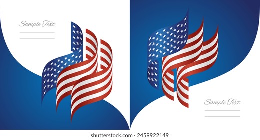 USA abstract wavy flag ribbon vector. USA striped wavy flag two fold brochure concept on red white background