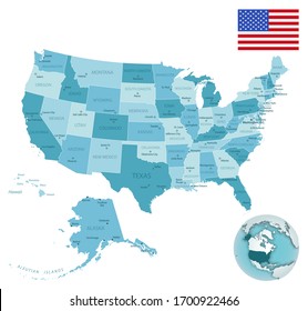 USA administrative blue-green map with country flag and location on a globe. Vector illustration