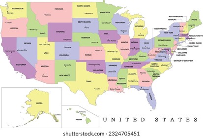 Mapa administrativo de EE.UU. con estados, capitales y Distrito de Columbia. De color. Vector