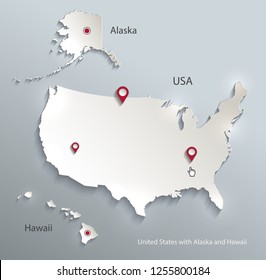 USA with Alaska and Hawaii map blank blue white card paper 3D vector