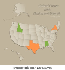 USA with Alaska and Hawaii map with individual states separated, infographics with icons vector