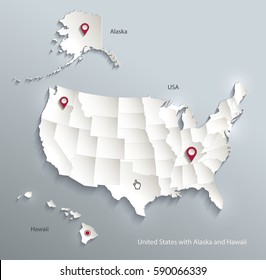 USA with Alaska and Hawaii map separate individual states 3D vector