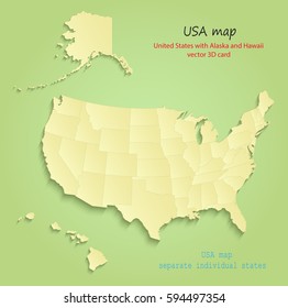 USA with Alaska and Hawaii map separate individual states green yellow vector