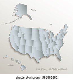 USA with Alaska and Hawaii map white blue card paper 3D vector