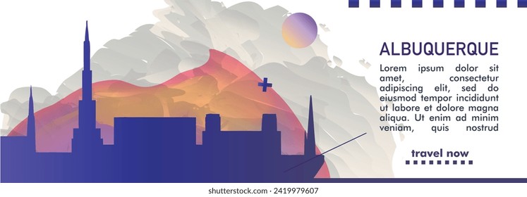 USA Albuquerque city banner with abstract shapes of skyline, cityscape, landmark. US New Mexico state travel vector horizontal illustration layout for brochure, website, presentation, header, footer