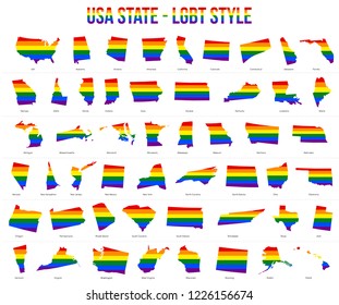 USA All State Map in LGBT Rainbow Flag Comprised Six Stripes. The Flag Comprised Six Stripes; Meaning to Each of The Colors: Life, Healing, Sunlight, Nature, Serenity and Spirit.