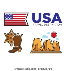 USA America culture and Amercian travel toursit attraction landmarks vector icons set