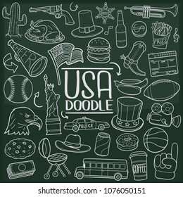 USA America Doodle Line Icon Chalkboard Sketch Hand Made Vector Art.