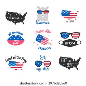 USA America funny stickers. 4th of july. Icons set. Vector