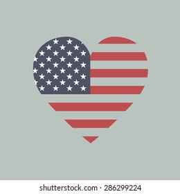 USA America heart flag. The vector heart with american flag colors and symbol.
