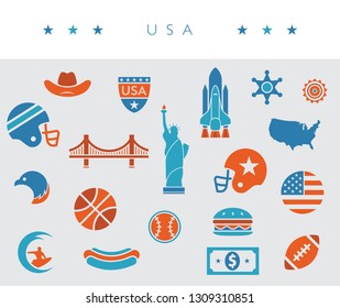 USA / America icon set - orange, white and blue - vector illustration
