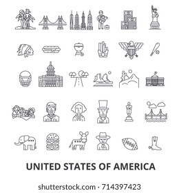 Usa, America, New York, Statue Of Liberty, United States, Famous Landmarks, Sights Line Icons. Editable Strokes. Flat Design Vector Illustration Symbol Concept. Linear Signs Isolated