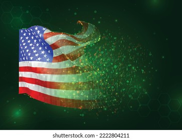 USA, America, on vector 3d flag on green background with polygons and data numbers