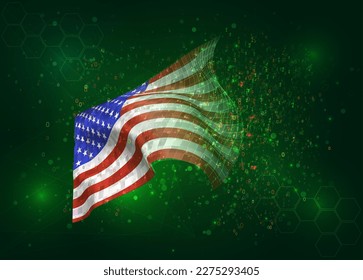 USA, America, on vector 3d flag on green background with polygons and data numbers