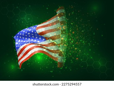 Estados Unidos, América, sobre el indicador vectorial 3d sobre el fondo verde con polígonos y números de datos
