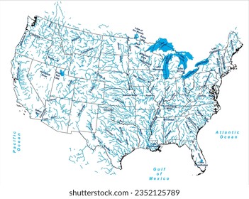 Mapa de los cuerpos de agua de los lagos de los ríos USA