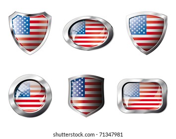 USA America set shiny buttons and shields of flag with metal frame - vector illustration. Isolated abstract object against white background.