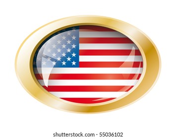 Usa America shiny button flag with golden ring vector illustration. Isolated abstract object against white background.