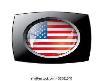 USA America shiny button flag with black frame -  vector illustration. Isolated abstract object against white background.