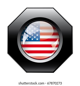 USA America shiny button flag with black frame -  vector illustration. Isolated abstract object against white background.