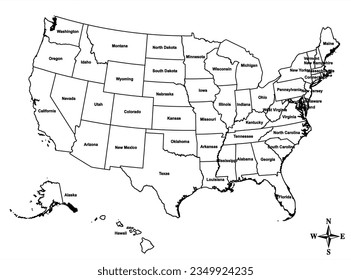 USA America State Borders Editable Vector EPS Transparent with labels