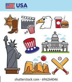 USA America travel landmarks symbols and American culture tourist attraction icons set