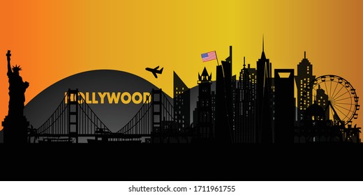 USA America Travel postcard, poster, tour advertising of world famous landmarks in silhouette style. Vectors illustrations