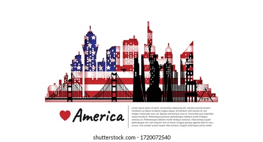 USA America Travel postcard, poster, tour advertising of world famous landmarks. Vectors illustrations