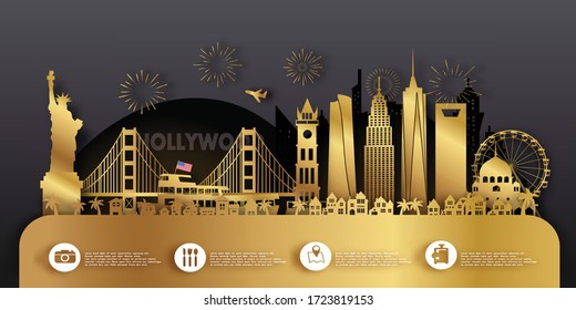 USA America Travel postcard, poster, tour advertising of world famous landmarks. Vectors illustrations