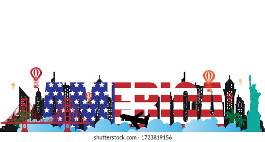 USA America Travel postcard, poster, tour advertising of world famous landmarks. Vectors illustrations