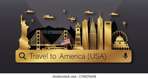 USA America Travel postcard, poster, tour advertising of world famous landmarks. Vectors illustrations