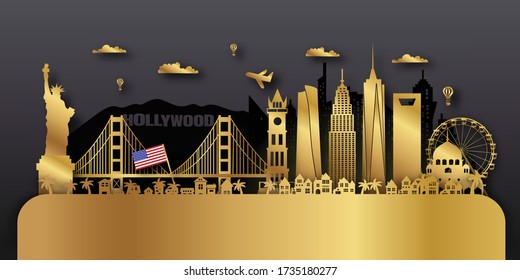 USA America Travel postcard, poster, tour advertising of world famous landmarks. Vectors illustrations