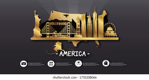 USA America Travel postcard, poster, tour advertising of world famous landmarks. Vectors illustrations