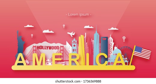USA America Travel postcard, poster, tour advertising of world famous landmarks. Vectors illustrations