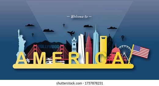 USA America Travel postcard, poster, tour advertising of world famous landmarks. Vectors illustrations