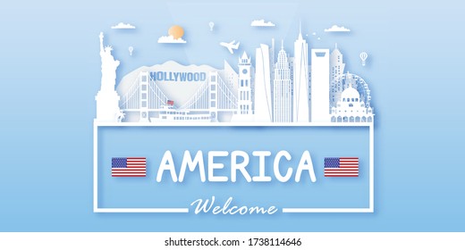 USA America Travel postcard, poster, tour advertising of world famous landmarks. Vectors illustrations