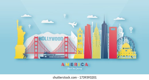 USA America Travel postcard, poster, tour advertising of world famous landmarks. Vectors illustrations