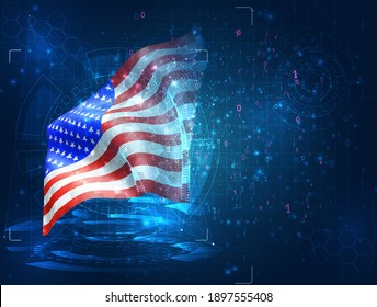 usa, america, vector 3d flag on blue background with hud interfaces