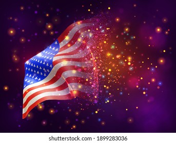 usa, america, vector 3d flag on pink purple background with lighting and flares