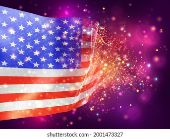 usa, america, vector 3d flag on pink purple background with lighting and flares