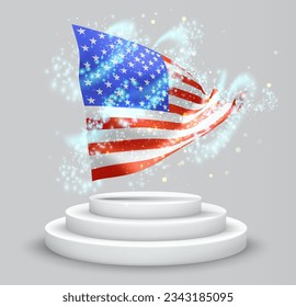 USA, America, vector 3d flag on the podium surrounded by a whirlwind of magical radiance