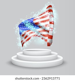 USA, America, vector 3d flag on the podium surrounded by a whirlwind of magical radiance