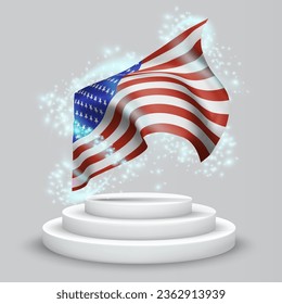 USA, America, vector 3d flag on the podium surrounded by a whirlwind of magical radiance