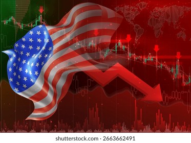 USA, America, vector 3d flag financial exchange trend down