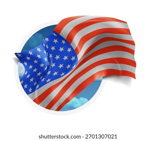 USA, America, vector 3d flag against a blue sky, through a round hole on a white background