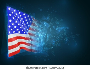 usa, america, vector flag, virtual abstract 3D object from triangular polygons on a blue background
